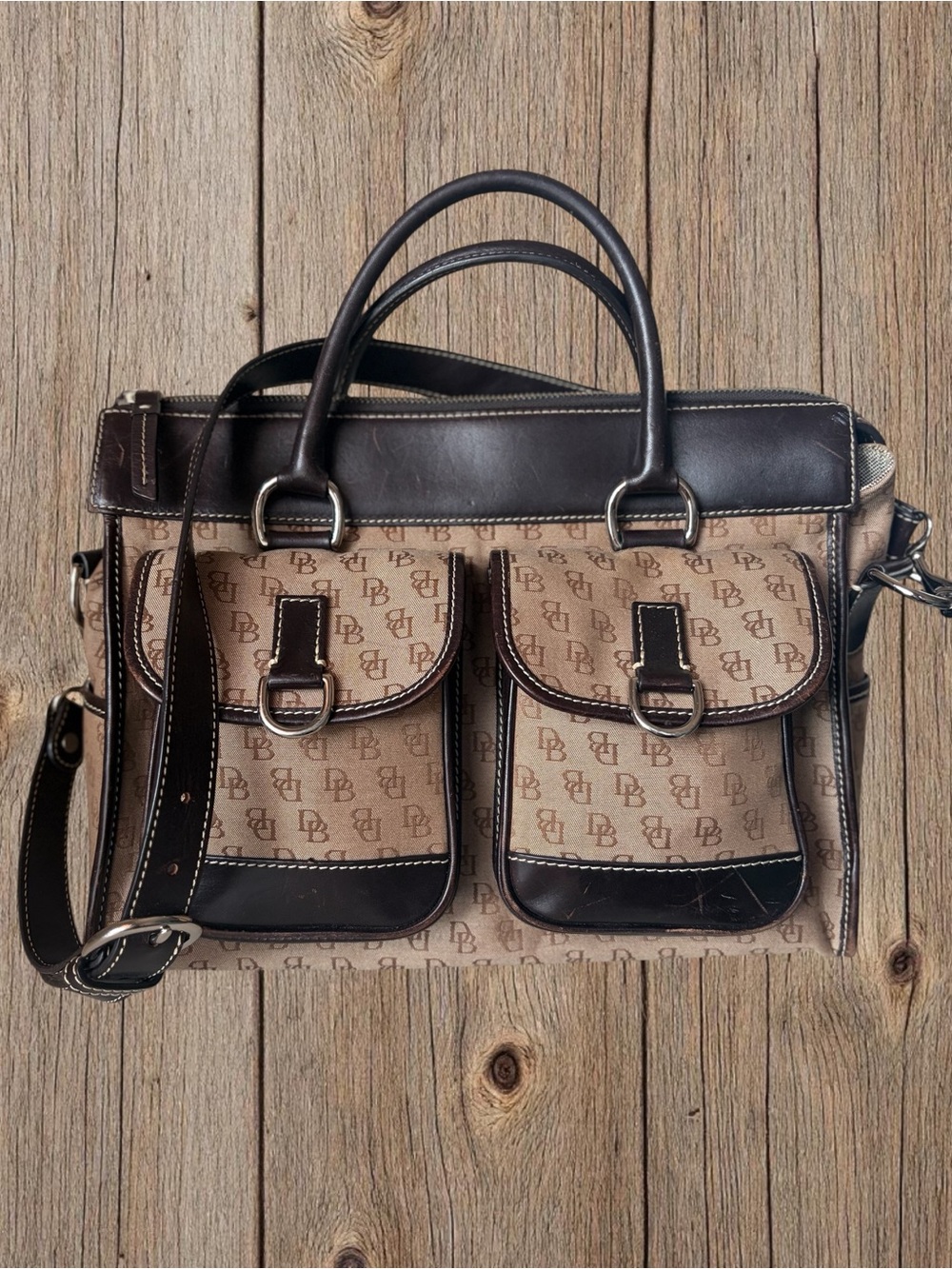 Vintage Dooney & Bourke Signature DB Monogram Canvas Satchel - Dark Brown Trim